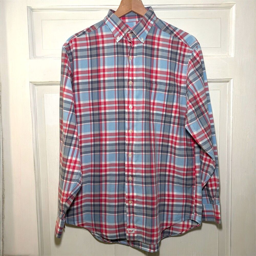 Vineyard Vines Murray Shirt Blue Red Plaid Mens M Cotton Long Sleeve Button Down - Picture 5 of 7